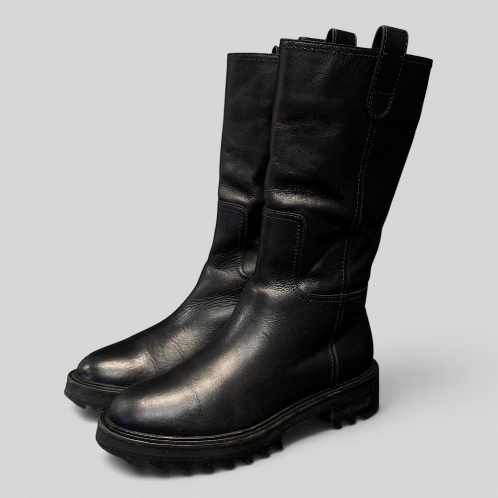 Tamara Mellon Easy Rider Black Leather Moto Pull On Mid Calf Boots Sz eu36-1/2